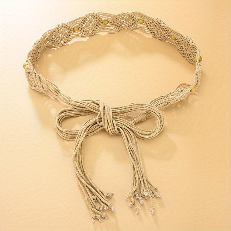 Boho Bowknot Sash Belt Vintage Hollow Braided Wax Rope Waistband