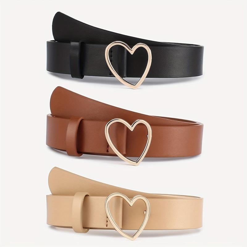 3pcs Heart Buckle Belt Classic PU Leather Waist Belt for Women