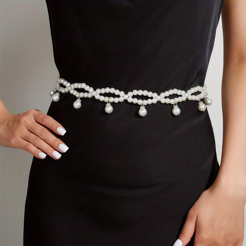 Faux Pearl Waist Chain Pendant Elastic Chain Belt Dress Girdle
