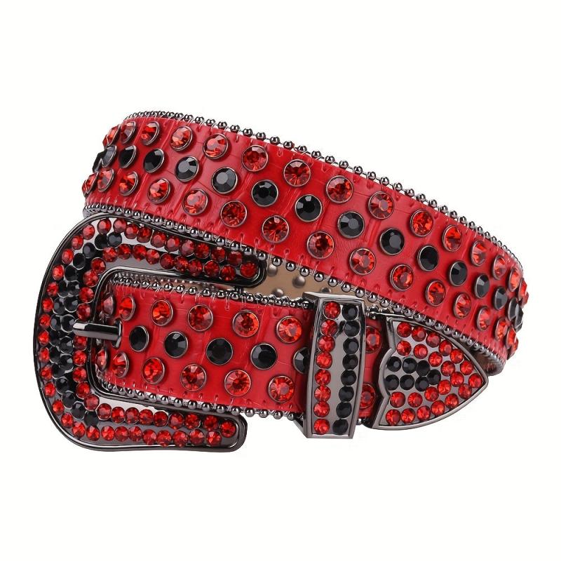 Red Hip Hop Rhinestone Belt Crocodile Pattern Sparkly Western Belt