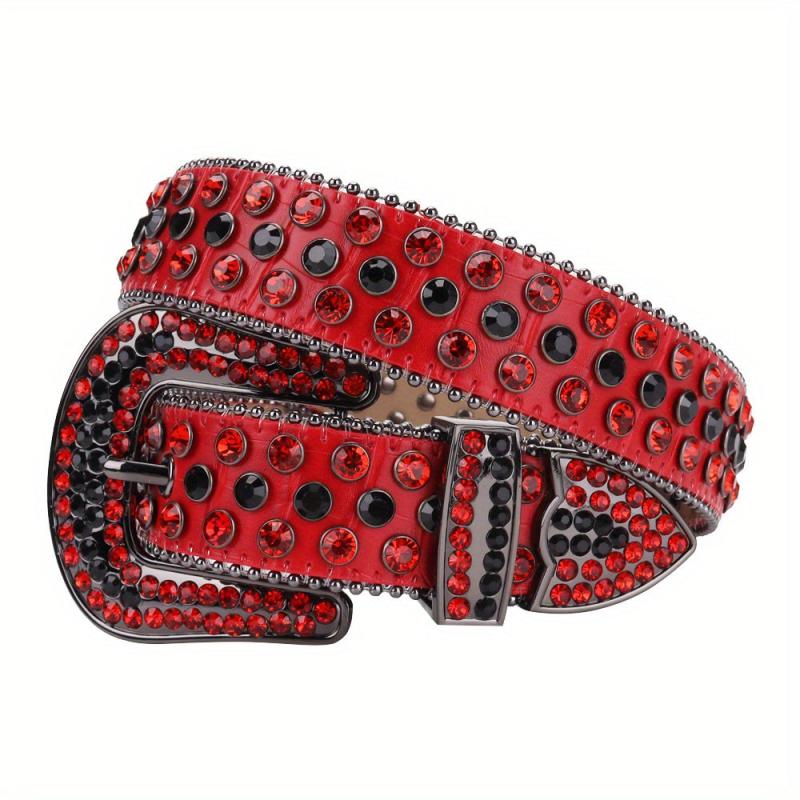 Red Hip Hop Rhinestone Belt Crocodile Pattern Sparkly Western Belt
