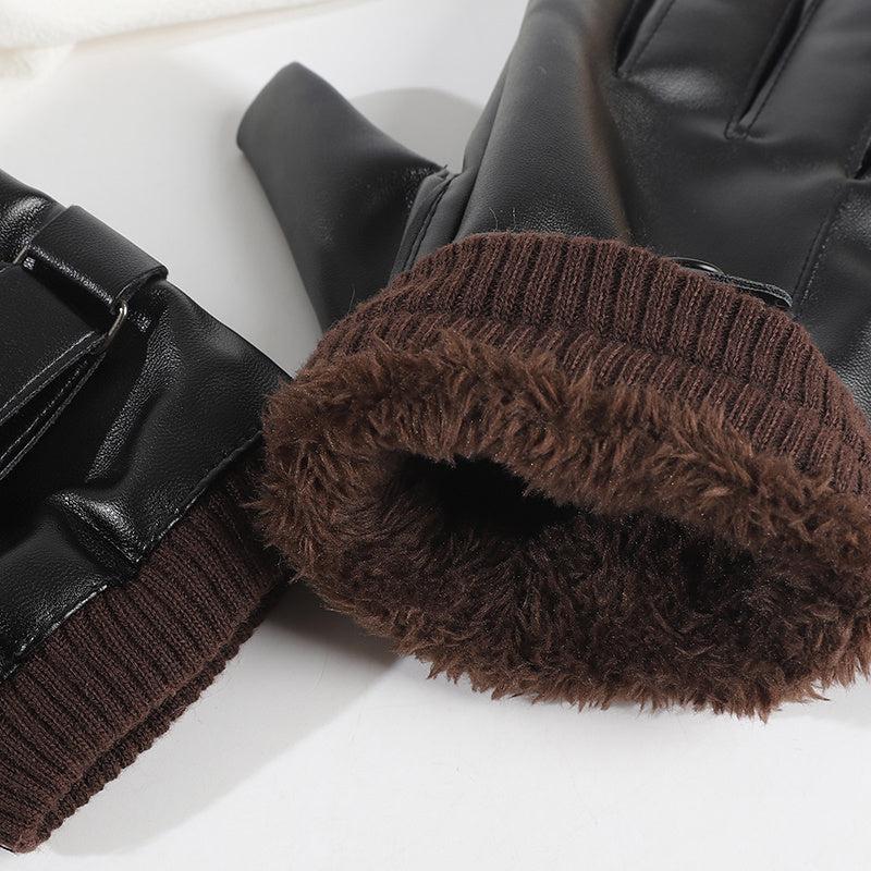 Men's Thickened Warm PU Leather Gloves for Outdoor Cold