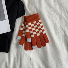 Chessboard Plush Gloves Touch Screen Thickened Warm Gloves