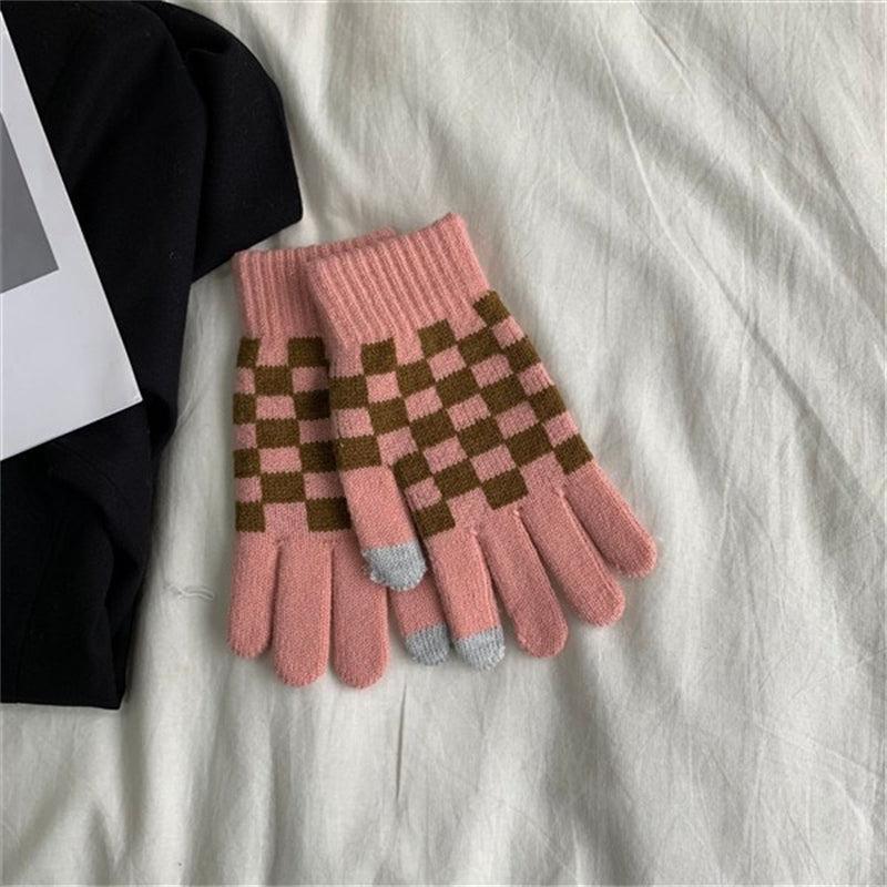 Chessboard Plush Gloves Touch Screen Thickened Warm Gloves