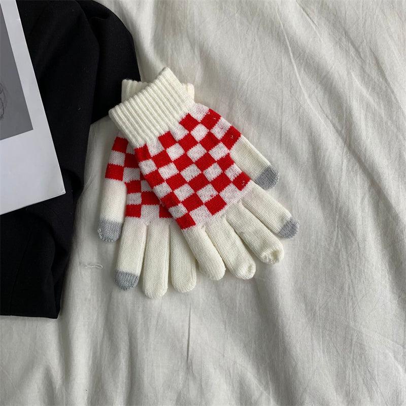 Chessboard Plush Gloves Touch Screen Thickened Warm Gloves