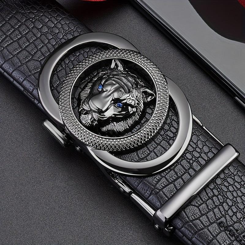 Men's Calfskin Leather Lion Head Buckle Belt Snake Pattern Business Belt