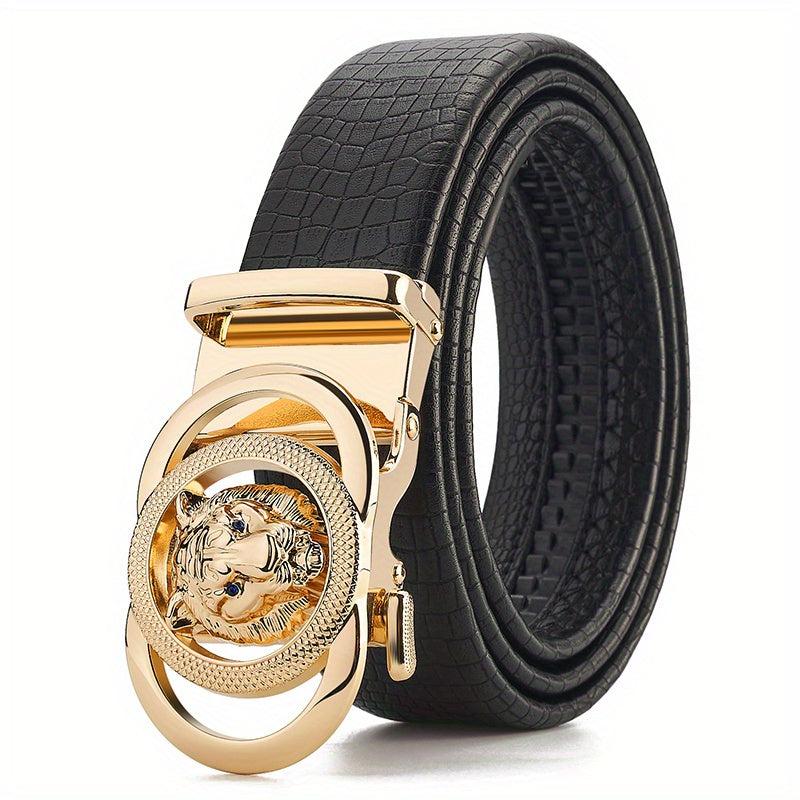 Men's Calfskin Leather Lion Head Buckle Belt Snake Pattern Business Belt