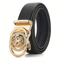 Men's Calfskin Leather Lion Head Buckle Belt Snake Pattern Business Belt