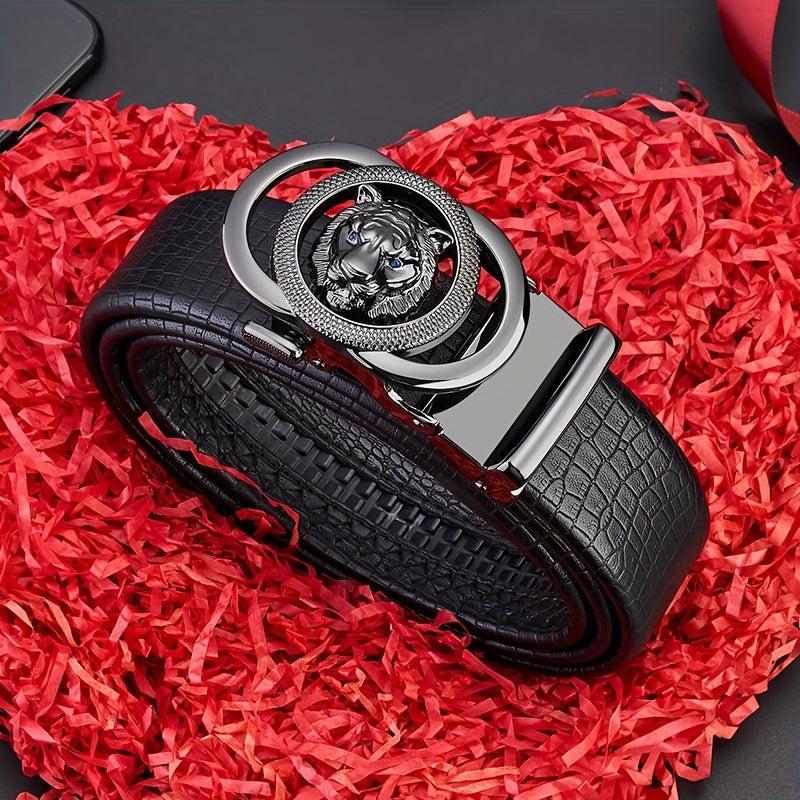 Men's Calfskin Leather Lion Head Buckle Belt Snake Pattern Business Belt
