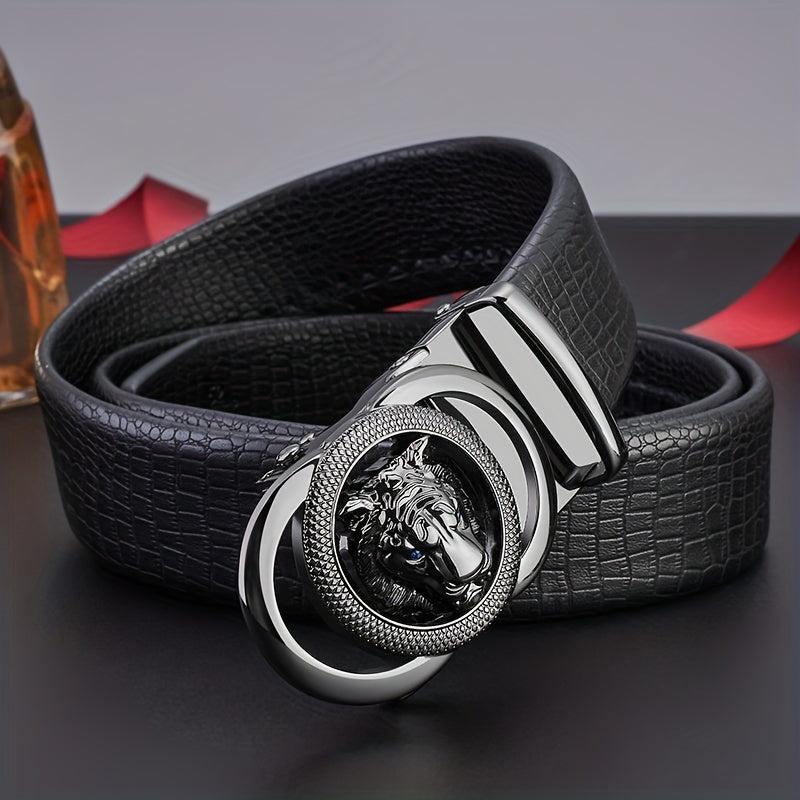 Men's Calfskin Leather Lion Head Buckle Belt Snake Pattern Business Belt
