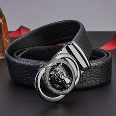 Men's Calfskin Leather Lion Head Buckle Belt Snake Pattern Business Belt