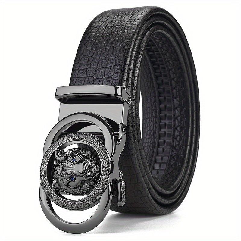 Men's Calfskin Leather Lion Head Buckle Belt Snake Pattern Business Belt