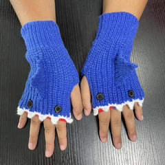 1pair Shark Gloves Funny Cartoon Wool Winter Warm Half Finger Gloves