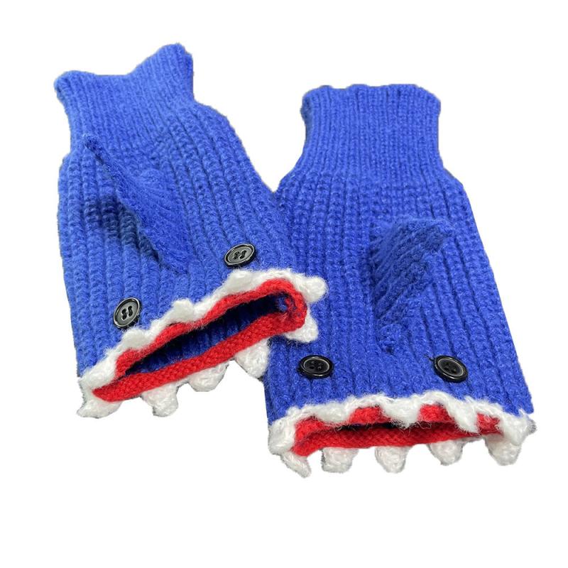 1pair Shark Gloves Funny Cartoon Wool Winter Warm Half Finger Gloves