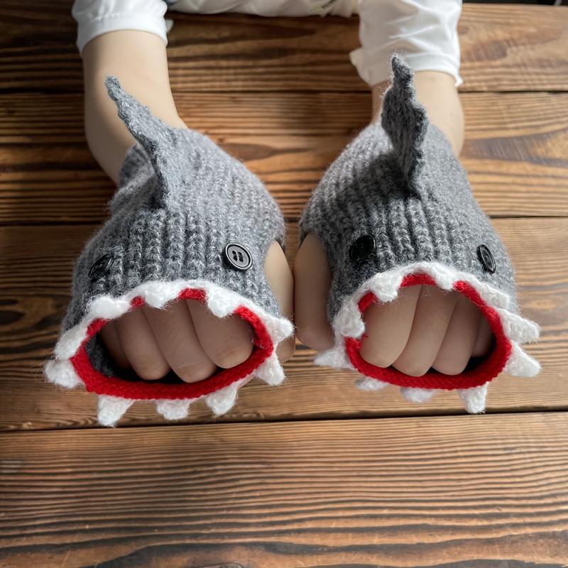 1pair Shark Gloves Funny Cartoon Wool Winter Warm Half Finger Gloves