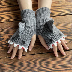1pair Shark Gloves Funny Cartoon Wool Winter Warm Half Finger Gloves