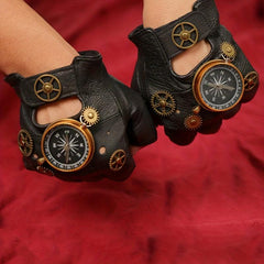 Steampunk Leather Gloves Men's Gothic Fingerless Gear Halloween Compass