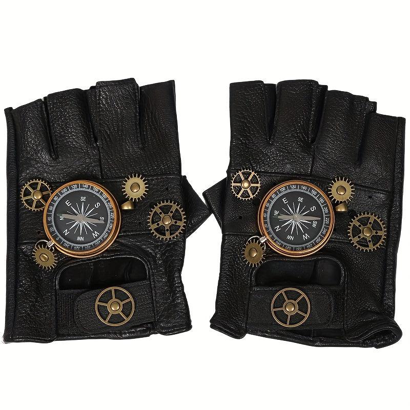 Steampunk Leather Gloves Men's Gothic Fingerless Gear Halloween Compass