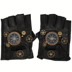 Steampunk Leather Gloves Men's Gothic Fingerless Gear Halloween Compass