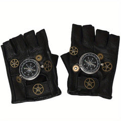 Steampunk Leather Gloves Men's Gothic Fingerless Gear Halloween Compass