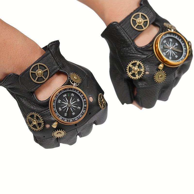 Steampunk Leather Gloves Men's Gothic Fingerless Gear Halloween Compass