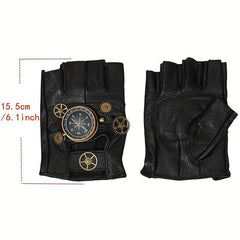 Steampunk Leather Gloves Men's Gothic Fingerless Gear Halloween Compass