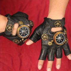 Steampunk Leather Gloves Men's Gothic Fingerless Gear Halloween Compass