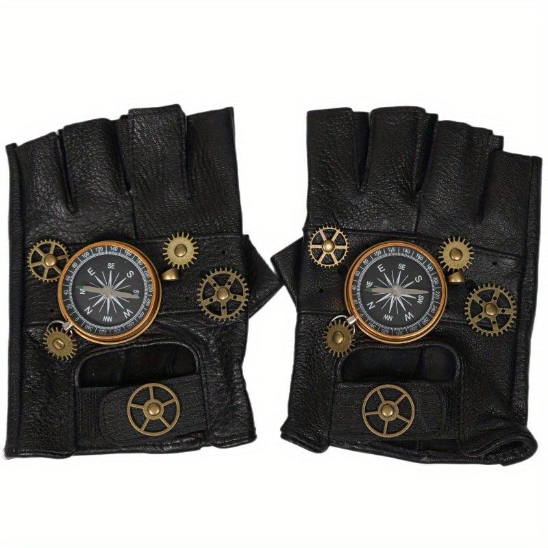 Steampunk Leather Gloves Men's Gothic Fingerless Gear Halloween Compass