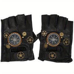 Steampunk Leather Gloves Men's Gothic Fingerless Gear Halloween Compass