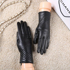 Embroidered Elastic Cuff Sheepskin Gloves