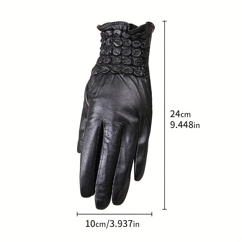 Embroidered Elastic Cuff Sheepskin Gloves