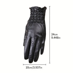 Embroidered Elastic Cuff Sheepskin Gloves