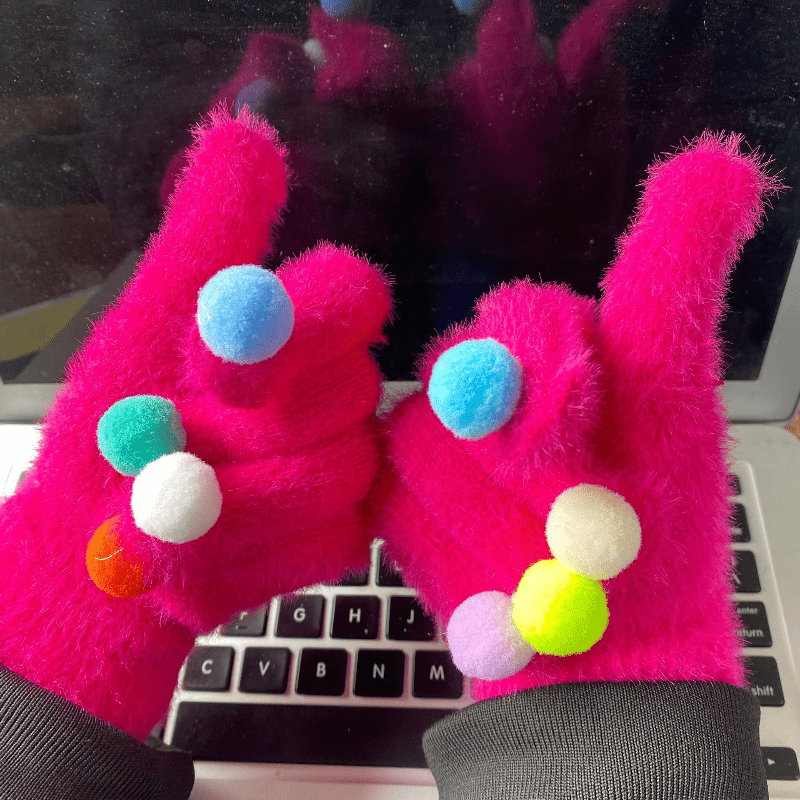 Elastic Knitted Fur Ball Gloves For Snowmobile Hiking