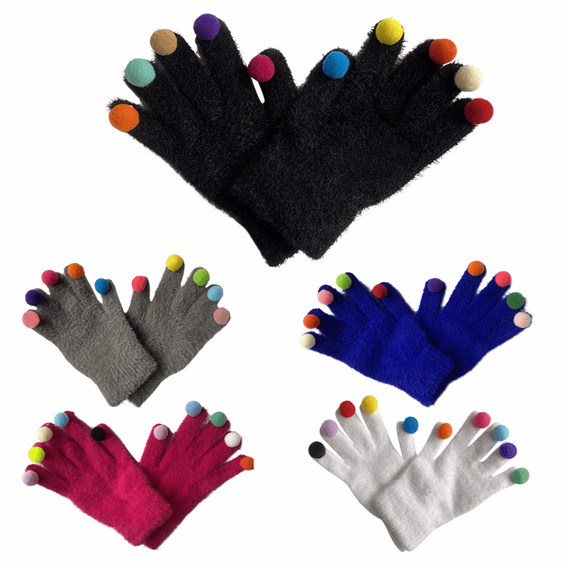 Elastic Knitted Fur Ball Gloves For Snowmobile Hiking