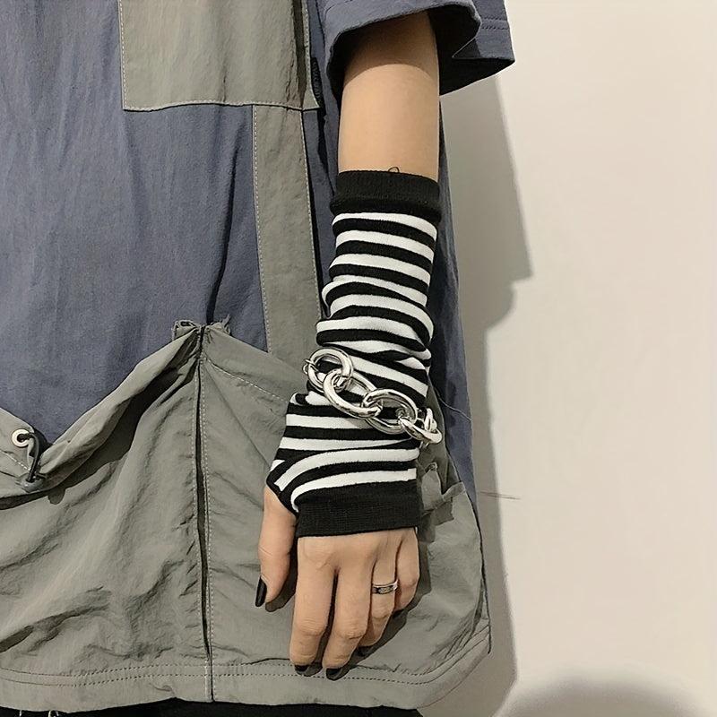 Hip Hop Stripe Print Gloves Cartoon Y2K Long Sleeve Half Fingerless
