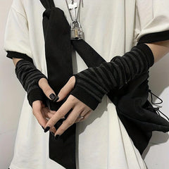Hip Hop Stripe Print Gloves Cartoon Y2K Long Sleeve Half Fingerless