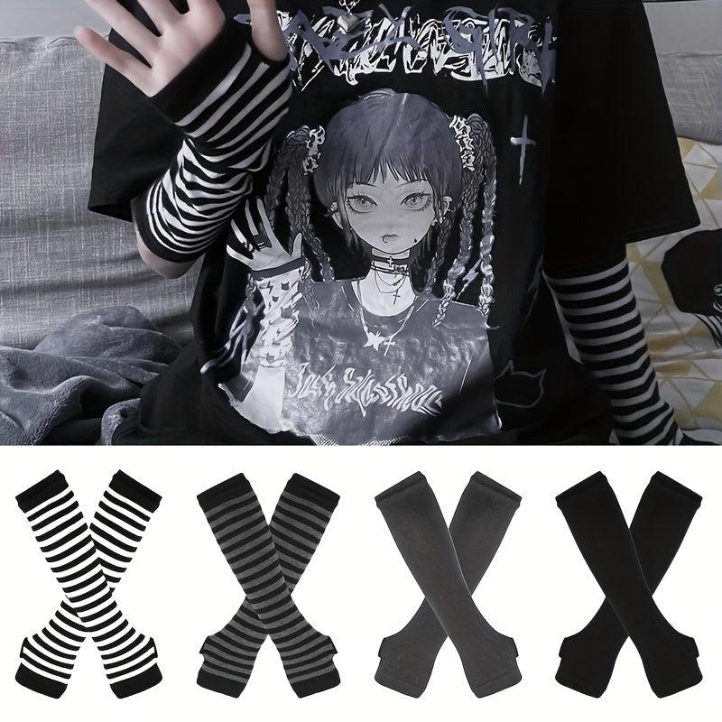 Hip Hop Stripe Print Gloves Cartoon Y2K Long Sleeve Half Fingerless