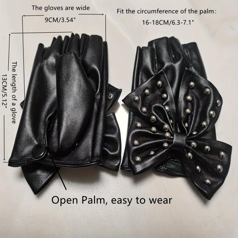 Rivet Bow PU Leather Gloves Punk Dance Performance Half Finger Gloves