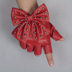 Rivet Bow PU Leather Gloves Punk Dance Performance Half Finger Gloves