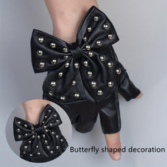 Rivet Bow PU Leather Gloves Punk Dance Performance Half Finger Gloves