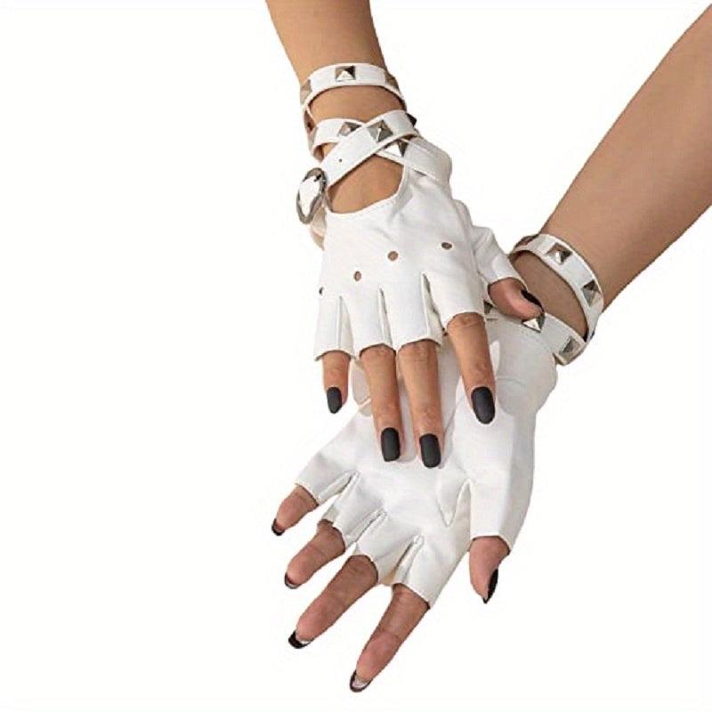 Hollow Out Rivet Punk Gloves PU Leather Fingerless Short Gloves