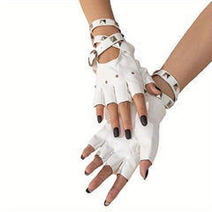 Hollow Out Rivet Punk Gloves PU Leather Fingerless Short Gloves