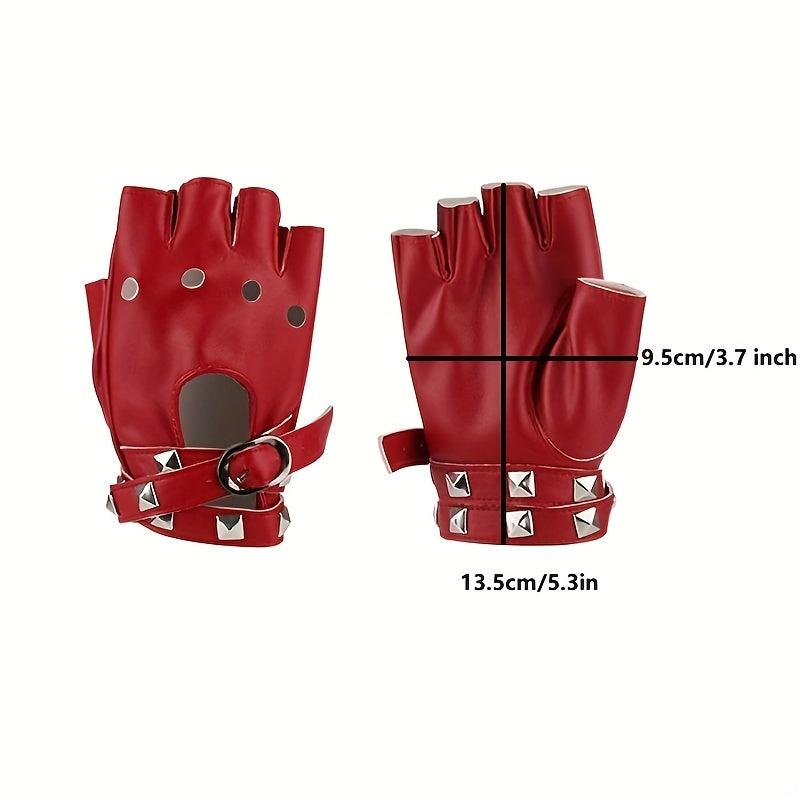 Hollow Out Rivet Punk Gloves PU Leather Fingerless Short Gloves