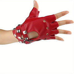 Hollow Out Rivet Punk Gloves PU Leather Fingerless Short Gloves