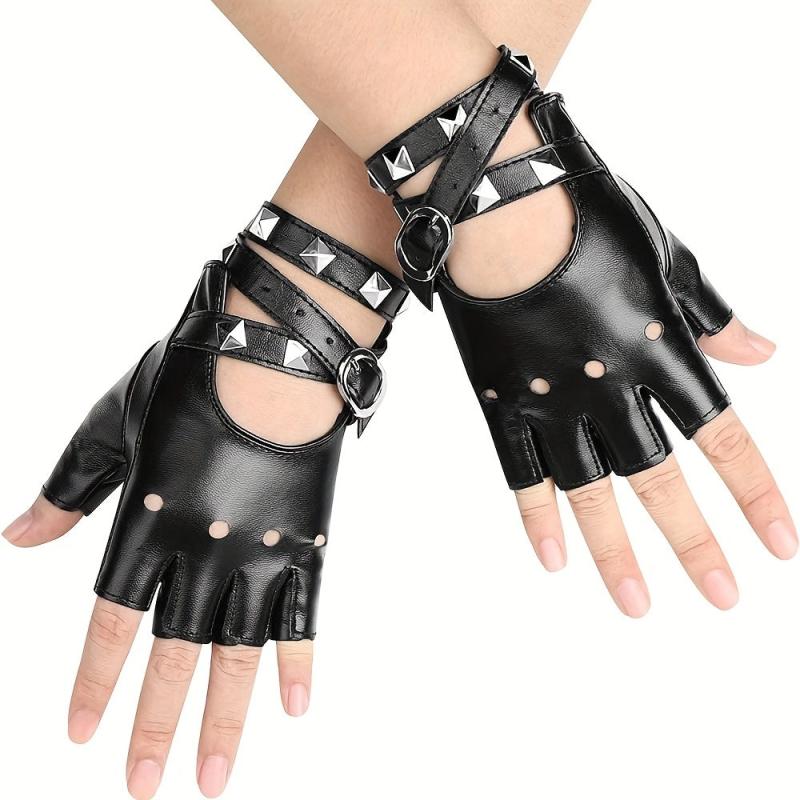 Hollow Out Rivet Punk Gloves PU Leather Fingerless Short Gloves