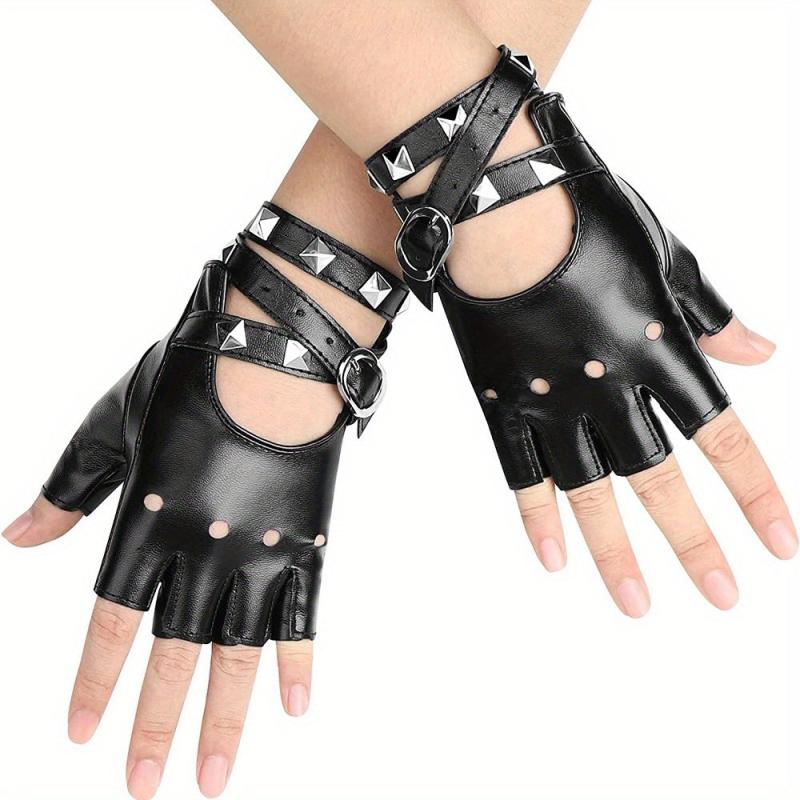 Hollow Out Rivet Punk Gloves PU Leather Fingerless Short Gloves