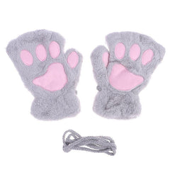 Winter Cartoon Cat Paws Gloves Girl Fingerless Plush Gloves