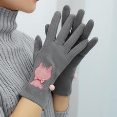 Women's Winter Velvet Gloves Cat Embroidery