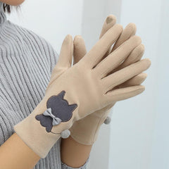 Women's Winter Velvet Gloves Cat Embroidery