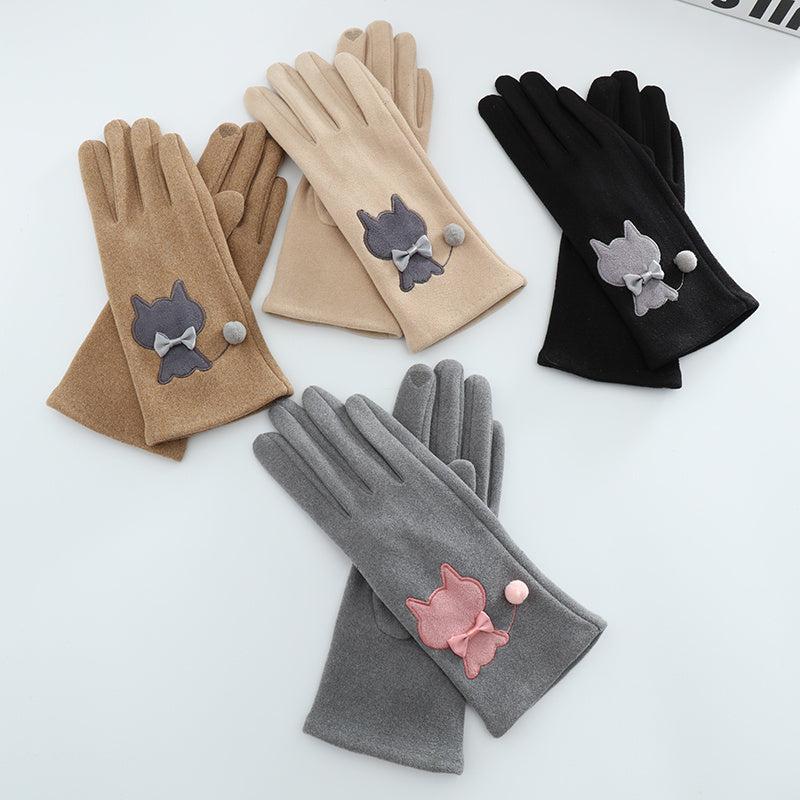 Women's Winter Velvet Gloves Cat Embroidery